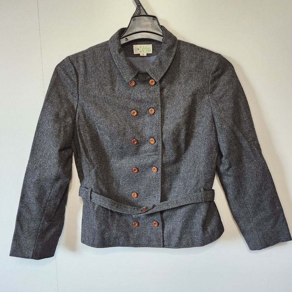 Vintage 60s Ladybug Tweed Jacket Grey Wool Crop Double Breasted Belted Size 9